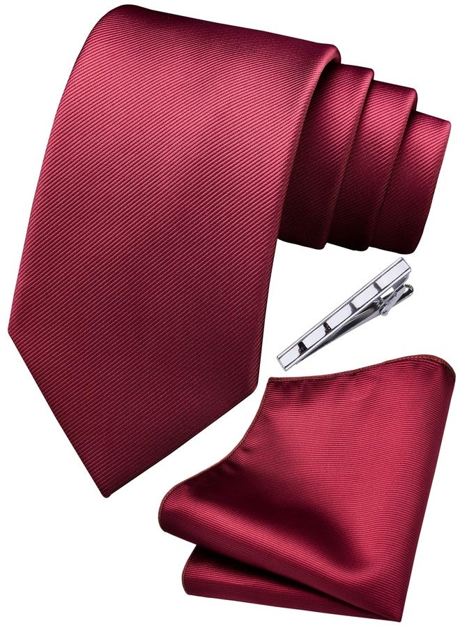 Branduce Solid Burgundy Tie for Men Wedding 8cm Classic Business Silk Wine Red Tie and Pocket Square Set Plain Necktie Handkerchief Clip Set (TA01-06) - Image 1